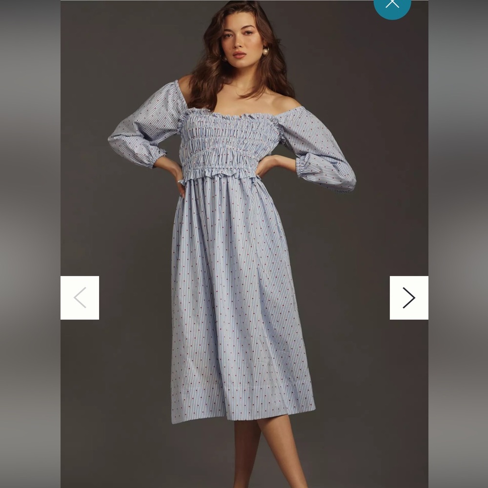 Maeve Light Blue Pinstripe Off-Shoulder Long Sleeve Midi Dress